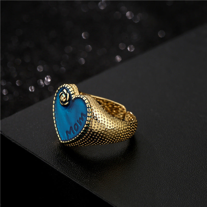 Vintage Bohemian Heart Geometric Drip Oil Brass Ring for Women Adjustable