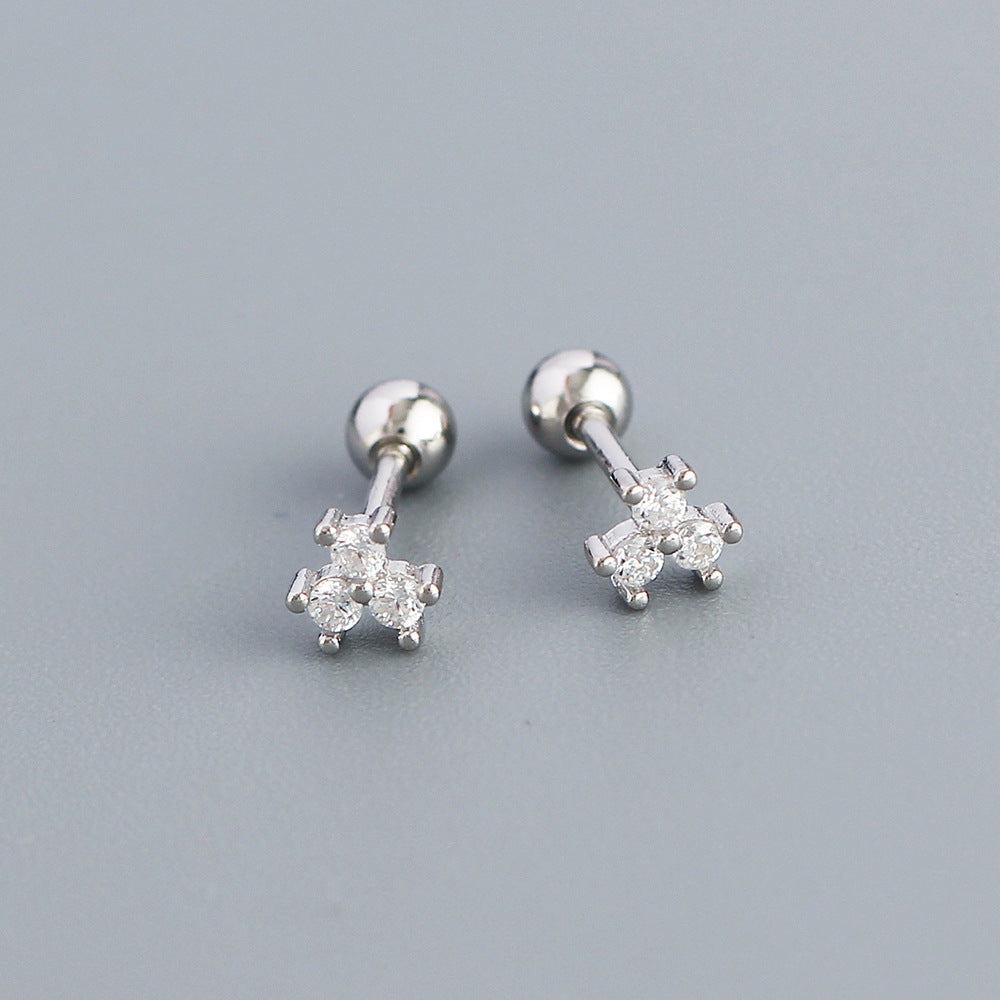 Orecchini a perno in argento sterling S925 a forma floreale minimalista con intarsio in strass e mini chiusure a vite