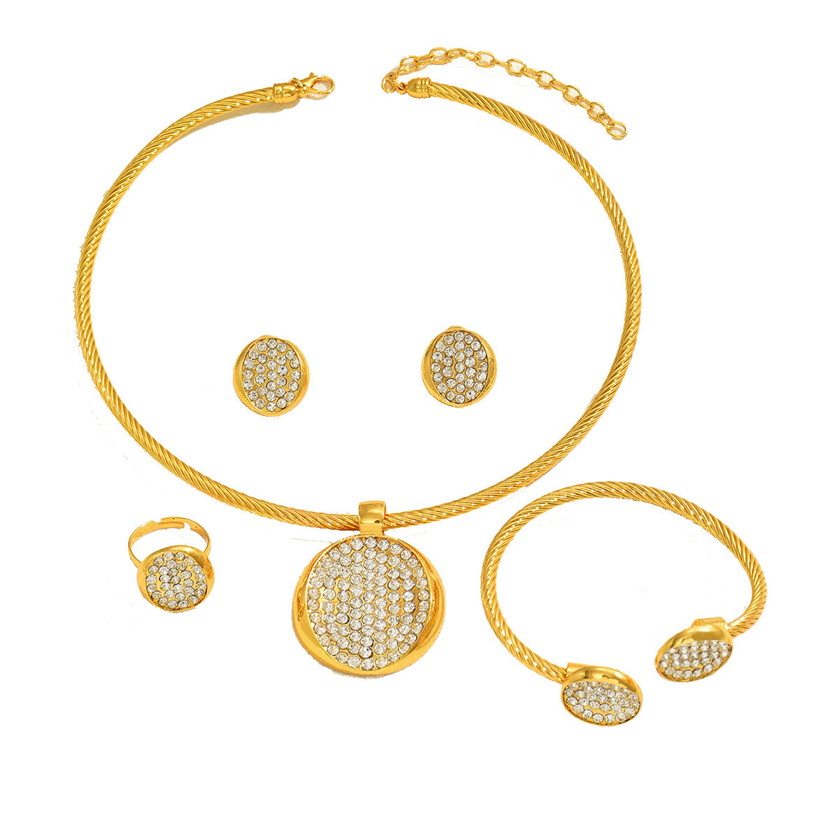 Conjunto de collar, aretes y pulsera redondos con incrustaciones de pedrería geométrica vintage para mujer