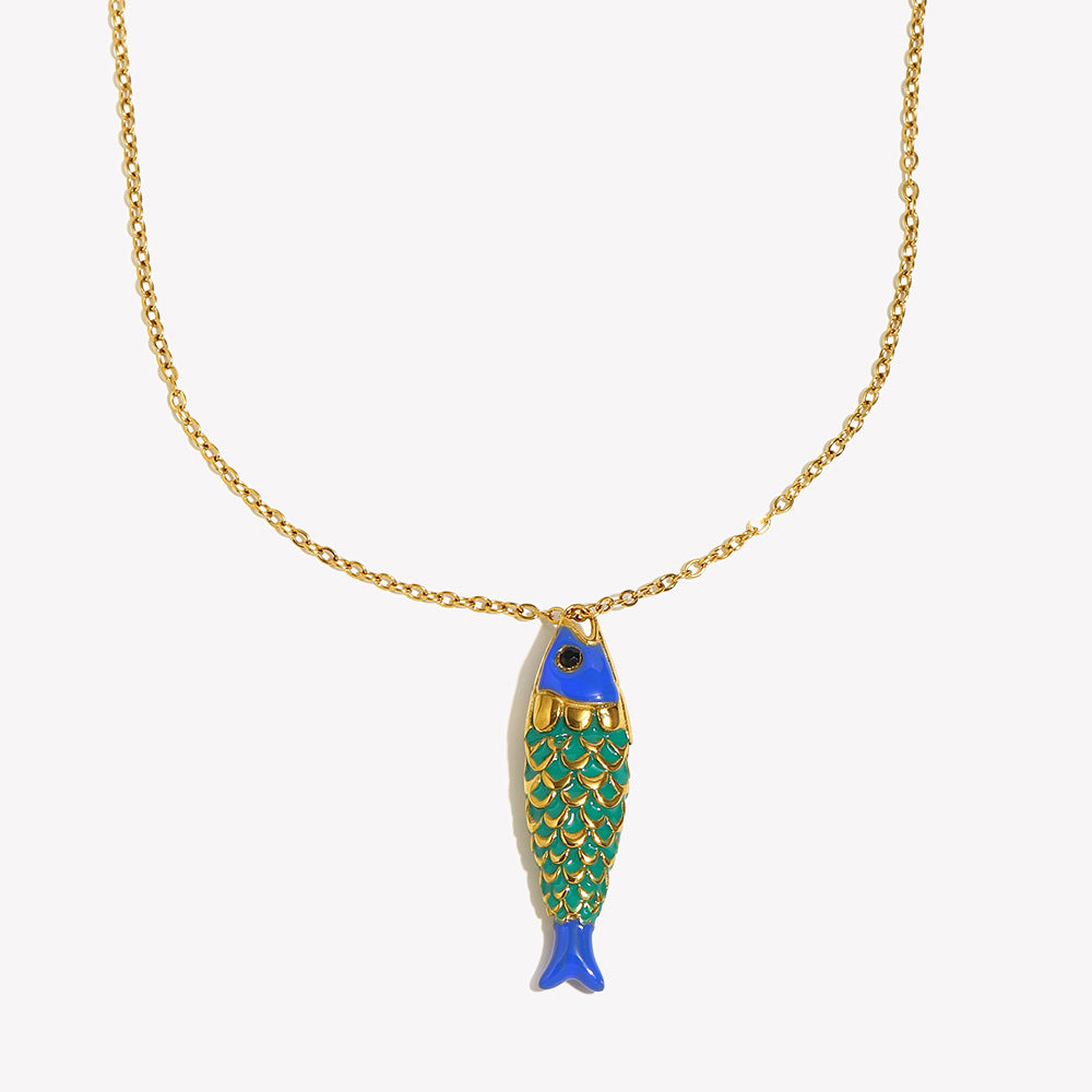 Luxury Minimalist Fish-Shaped Stainless Steel Plated 18K Gold Enamel Necklace for Women