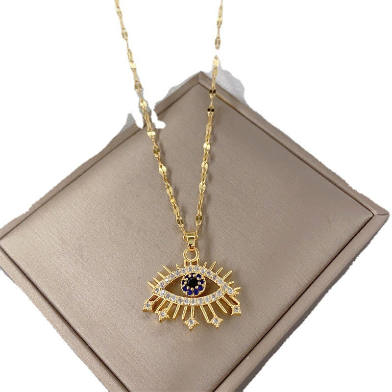 Collana con pendente a occhio in zircone micropavé in acciaio al titanio, minimalista e leggera, da donna con catena a onda