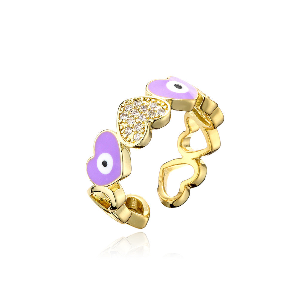 Casual Gold Drip Oil Heart Geometric Brass Ring with Cubic Zirconia for Women