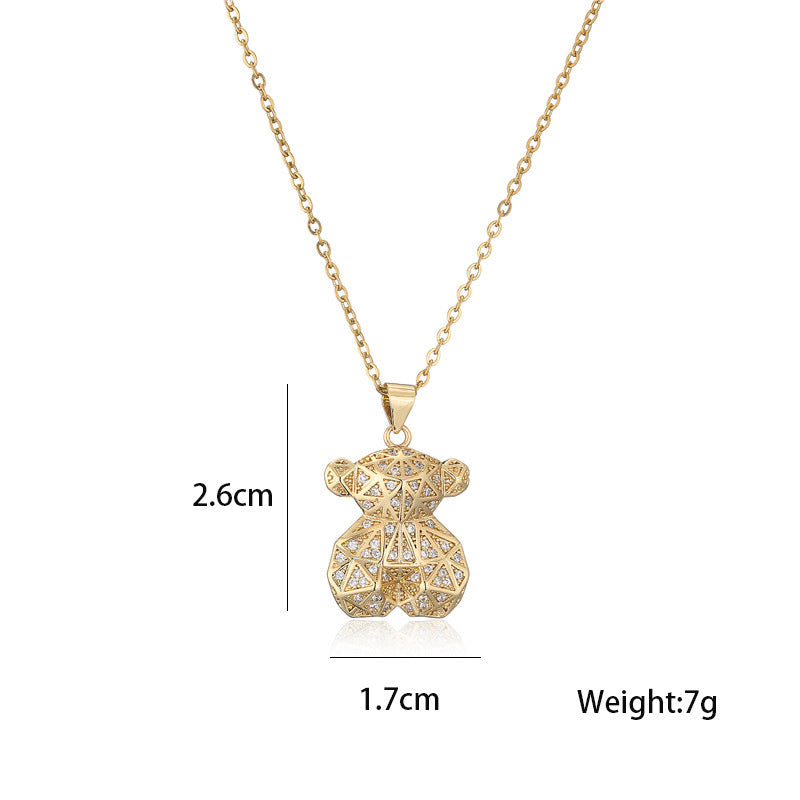 Collana Minimalista con Ciondolo Orsetto Geometrico in Rame Placcato Oro 18K con Zircone Micro-incastonato e Catena a O per Donna