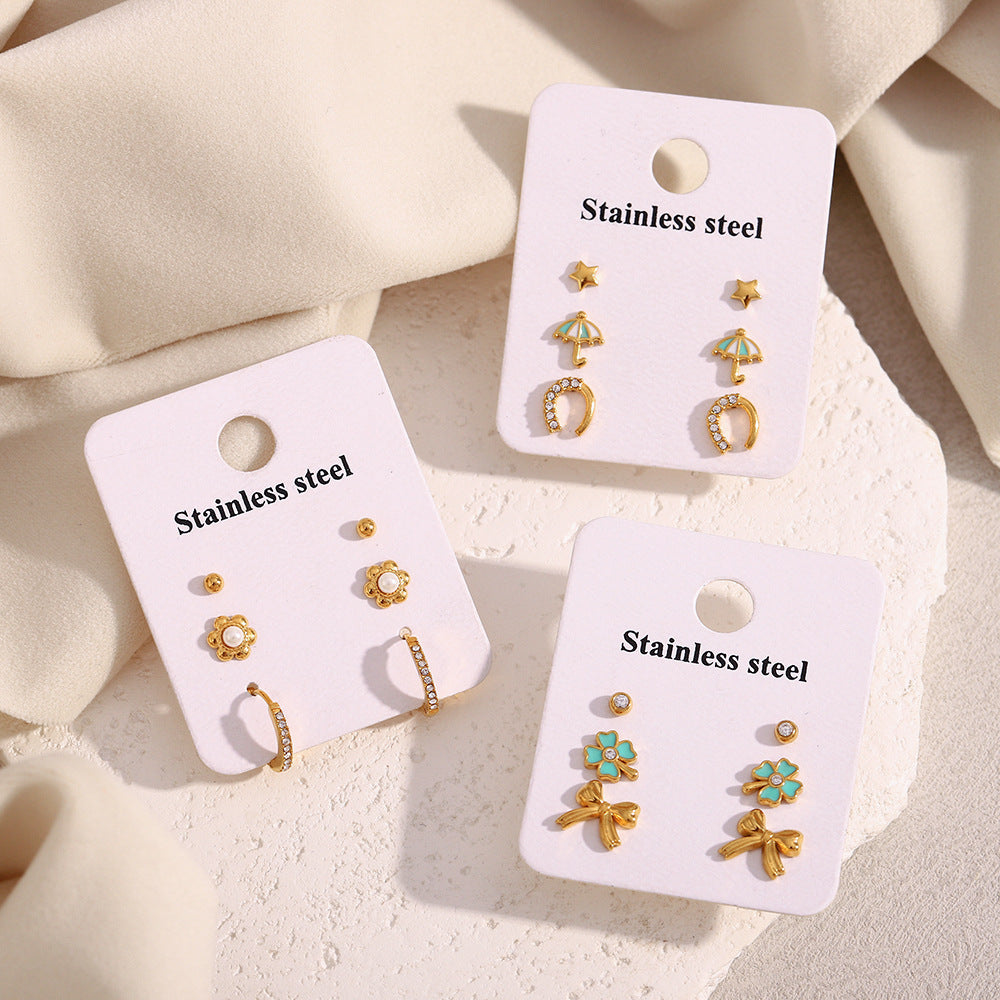 Pendientes Minimalistas Geométricos de Acero Inoxidable con Baño de Oro de 18K, Dijes de Estrella y Paraguas, y Diseño de Aro