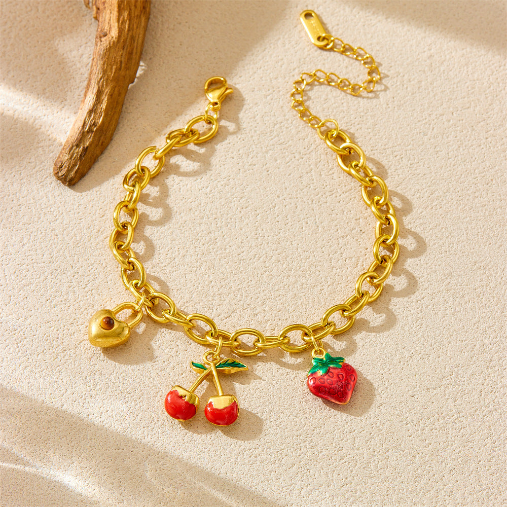 Bracciale da donna con ciondolo a lucchetto a cuore in ciliegio, stile dolce foresta, in acciaio inossidabile placcato oro, gioielli estivi