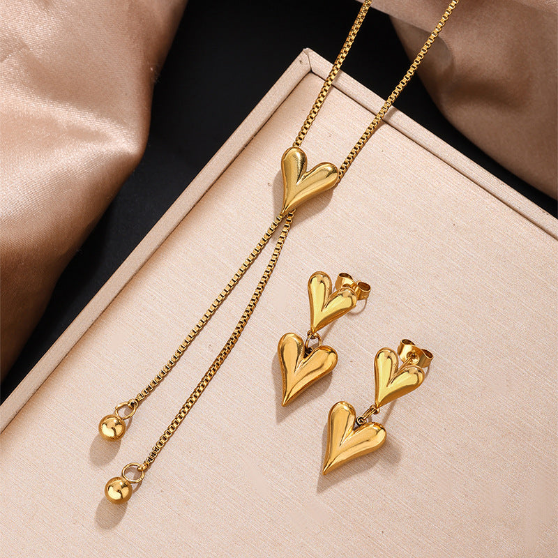 Elegante Conjunto de Collar y Pendientes de Acero Inoxidable con Baño de Oro de 18K con Colgante de Corazón y Lágrima para Mujer