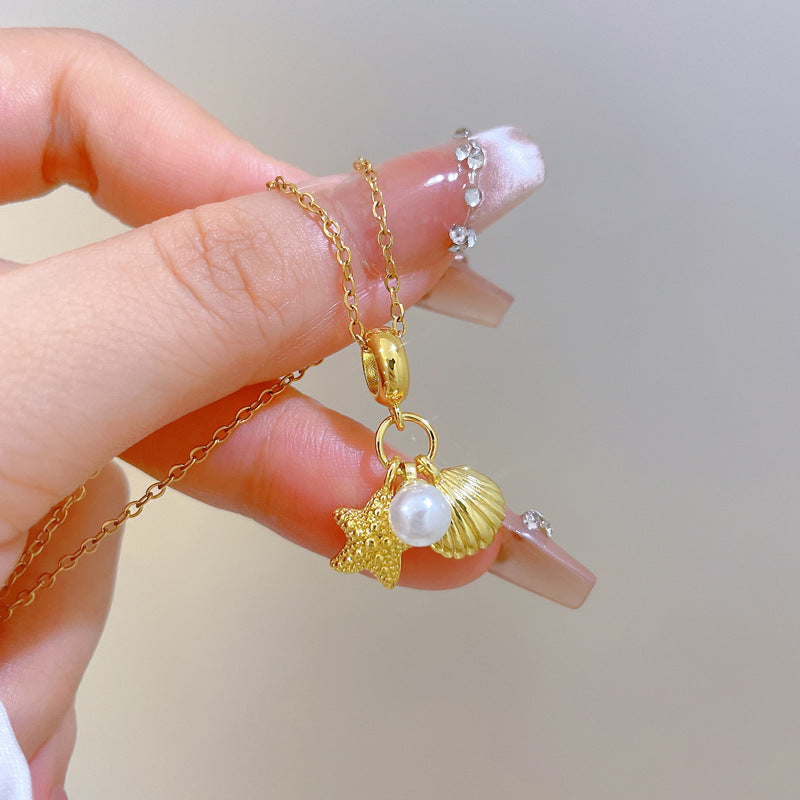 Sweet Minimalist Star Shell Pearl Rhinestone Pendant Necklace Titanium Steel Cable Chain for Women