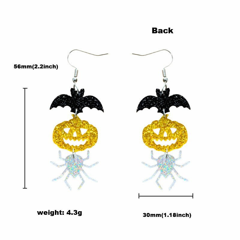 Pendientes acrílicos con temática de Halloween con formas de murciélago, araña y calabaza en estilo divertido y tierno