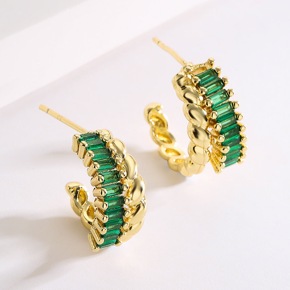 Geometric C-Shaped Copper Earrings with 18K Gold Plating and Micro-Paved Zirconia for Women