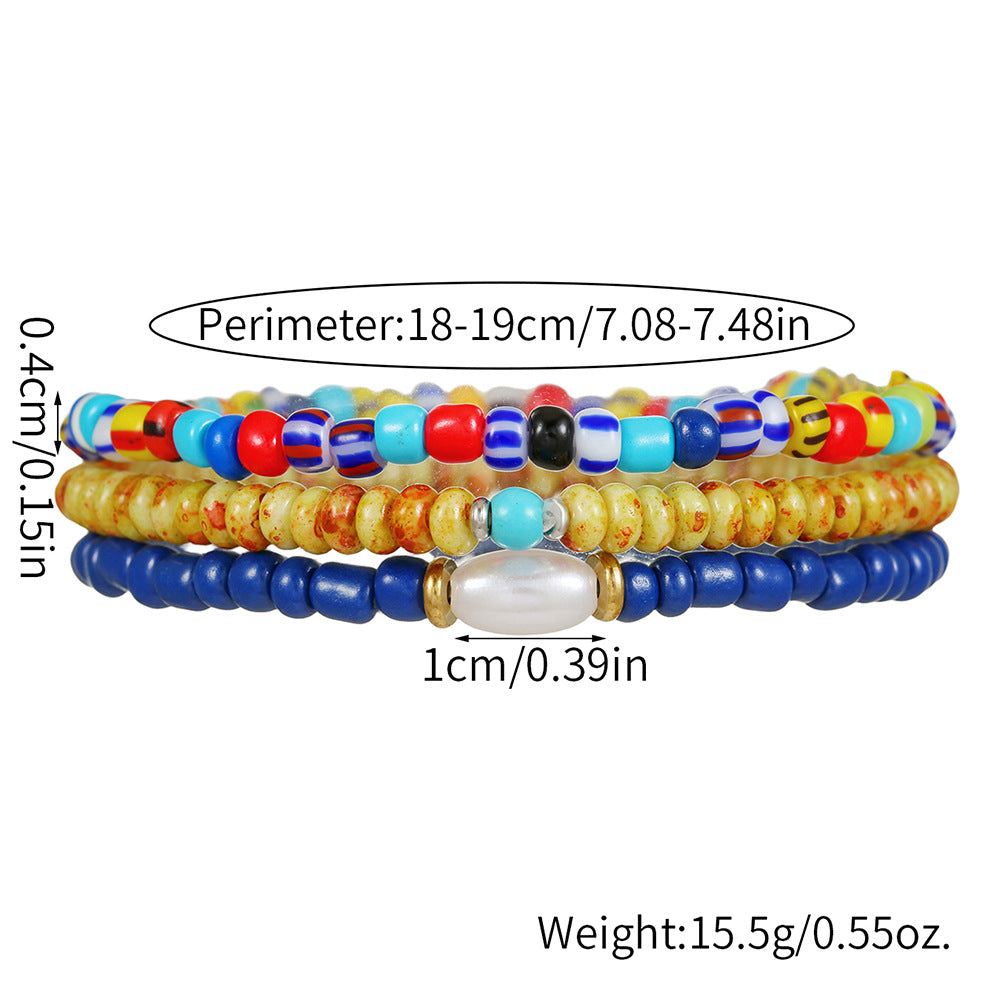 Bohemian Geometric Round Glass Beaded Handmade Bracelet with Pearl Color Block Design for Unisex
