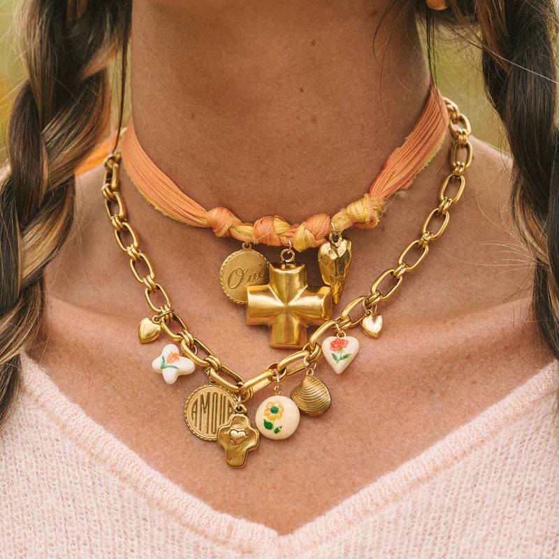 Fashion Floral Cross Heart Gemstone Stainless Steel PVD 18K Gold Plated Necklace