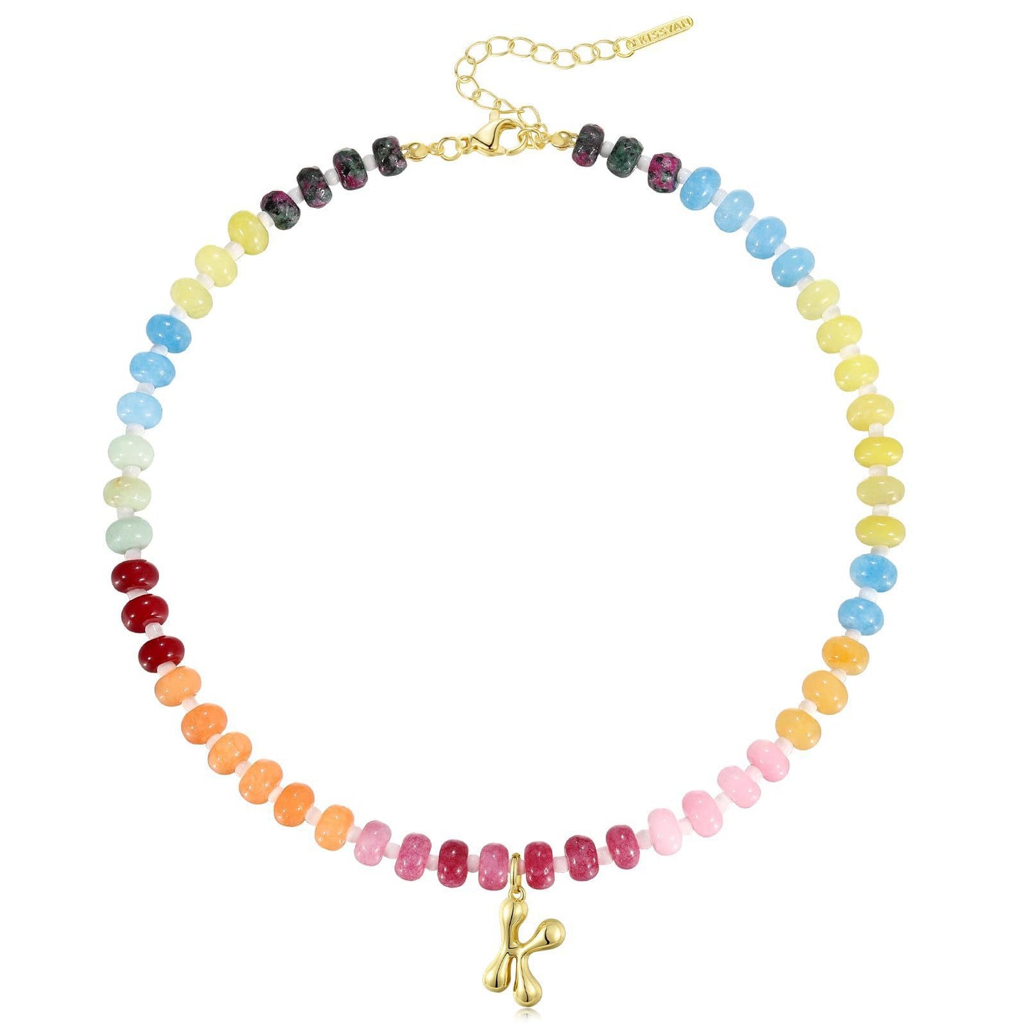 Colorful Abacus Bead Choker Necklace with 26 Bubble Letter Brass Pendants Serpentine Chain Unisex Stone Jewelry