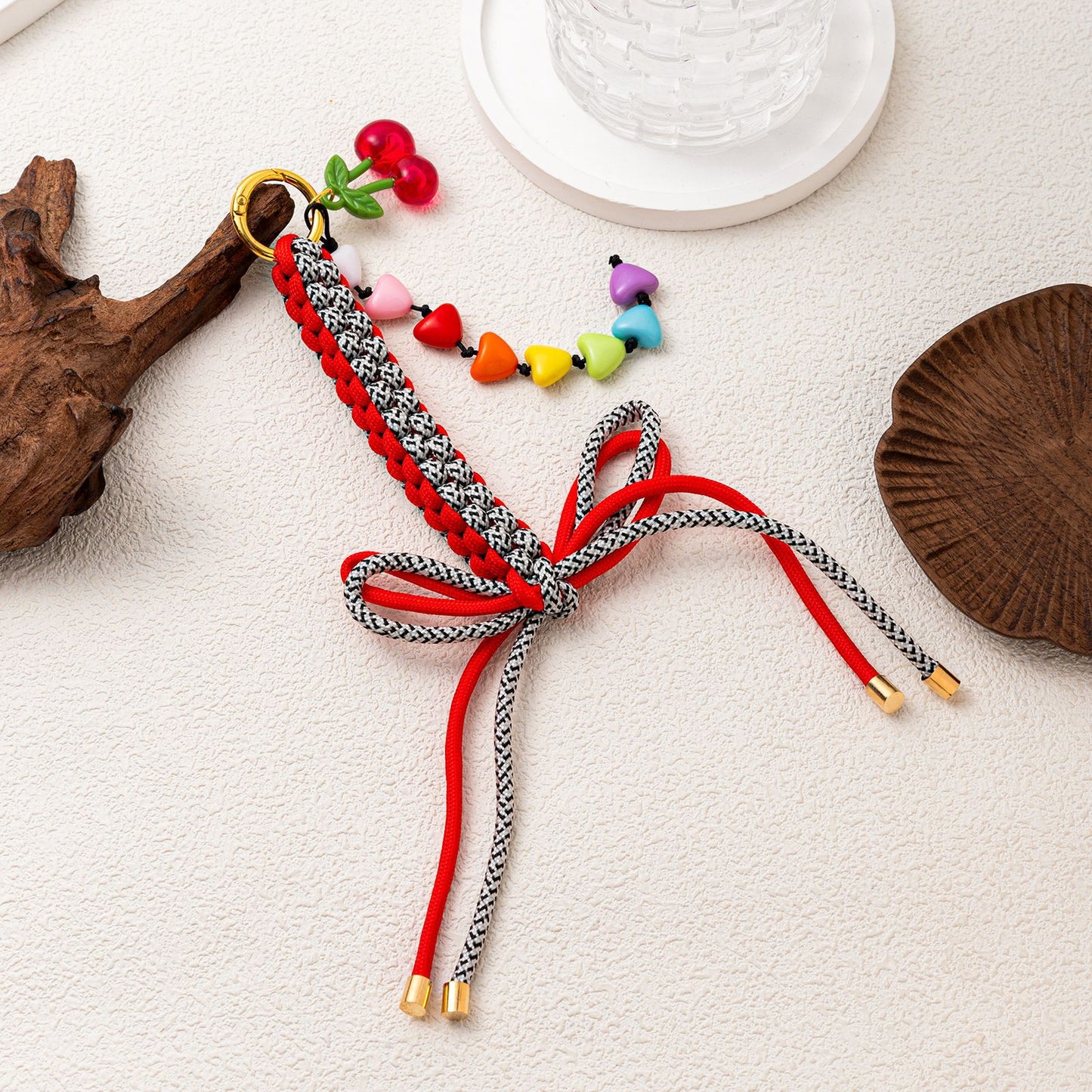Minimalist Colorful Dopamine Alloy Crochet Keychain with Heart Teardrop Bow and Cherry Pendant