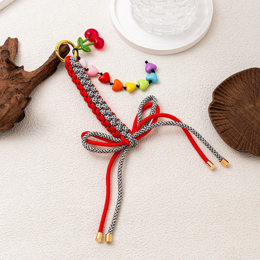 Minimalist Colorful Dopamine Alloy Crochet Keychain with Heart Teardrop Bow and Cherry Pendant