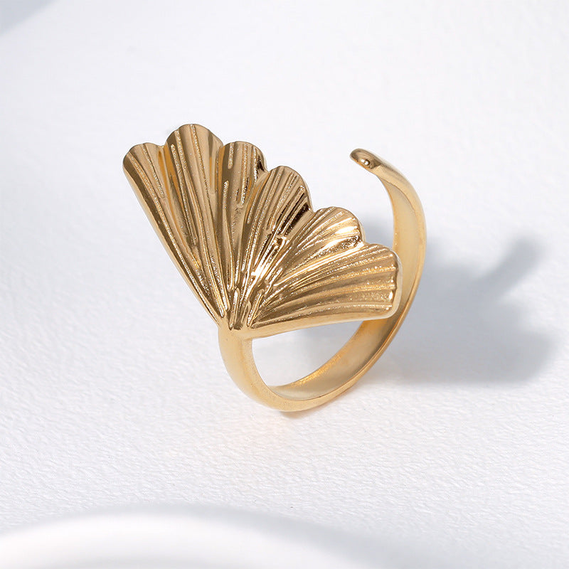 Minimalist Leaf-Shaped Stainless Steel Adjustable Ring with 18K Gold Plating for Women