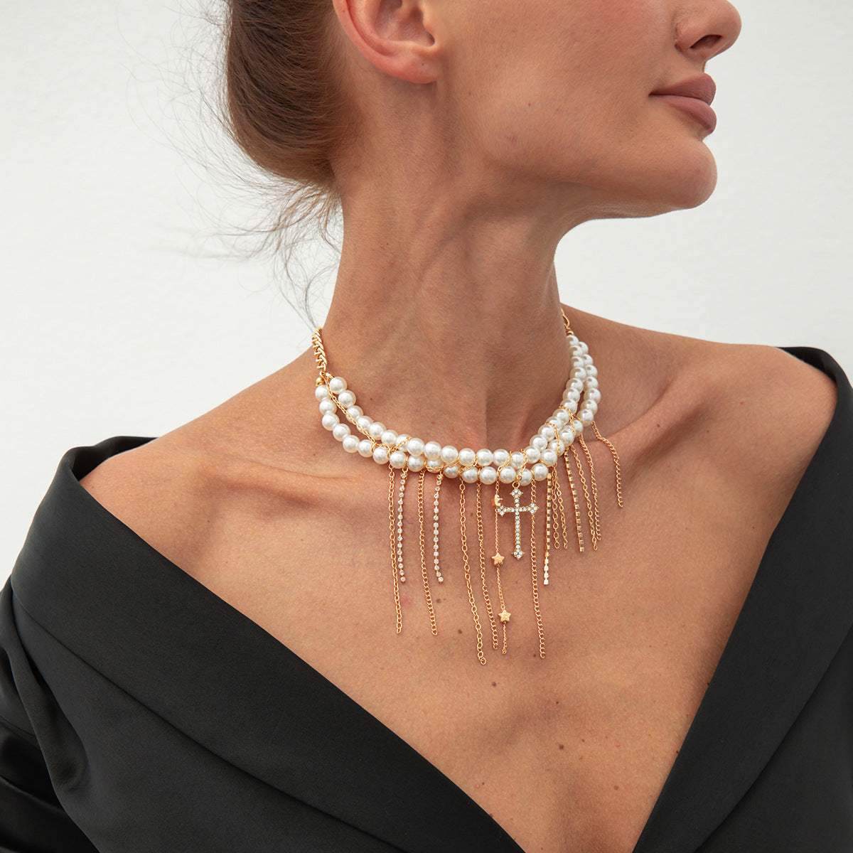 Minimalist Cross Pendant Clavicle Necklace for Women with Imitation Pearl Accents and Crystal Tassels on Electroplated Alloy Chain