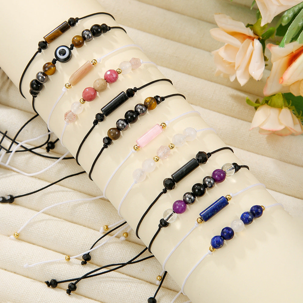 Minimalist Handmade Cylindrical Beaded Stone Bracelet with Rose Quartz Tiger Eye Hematite and Black Agate for Unisex