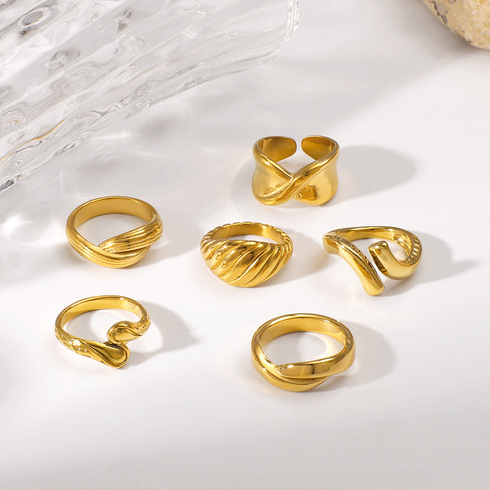 Anello geometrico in acciaio inossidabile con linea testurizzata e motivo a nodo per donna e uomo, fascia minimalista galvanizzata