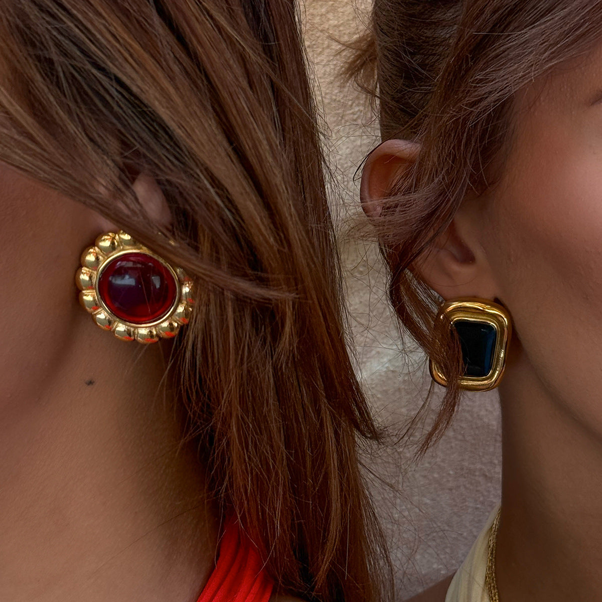 Vintage Luxury Geometric Round Agate Inlay Plated Stainless Steel Earrings for Women