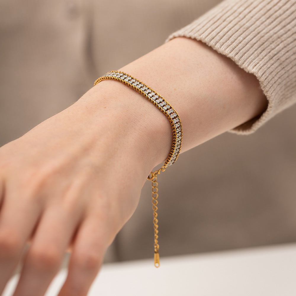 Minimalist Geometric Stainless Steel Bracelet with 18K Gold Plating and White Zirconia Accents