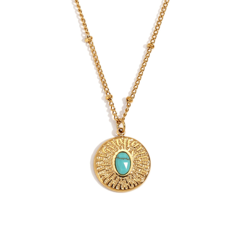 Collar con Colgante Redondo Geométrico Minimalista Turquesa para Mujer de Acero Inoxidable con Baño de Oro de 18K y Textura Martillada