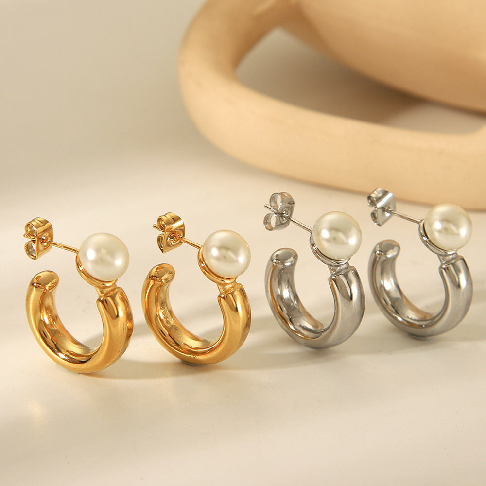 Orecchini a perno geometrici minimalisti in acciaio inossidabile con dettagli in perle da donna