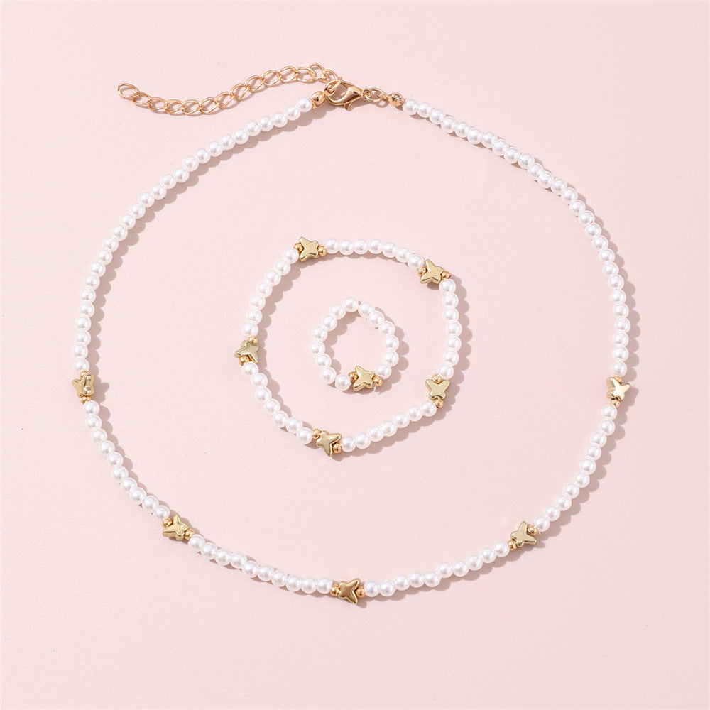 Simpatico Set di Gioielli per Bambini a Forma di Farfalla e Stella Collana Anello Braccialetto Pendente in Resina Plastica Lega Fatto a Mano con Perline Rotonde Catena