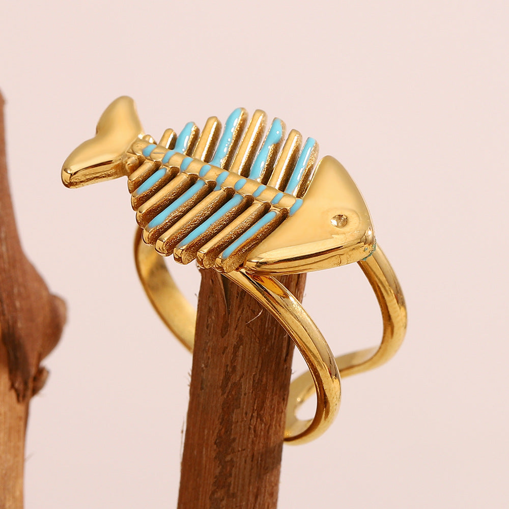 Anello da Donna Alla Moda a Forma di Pesce in Acciaio Inossidabile con Placcatura in Oro 18K e Finitura Smaltata