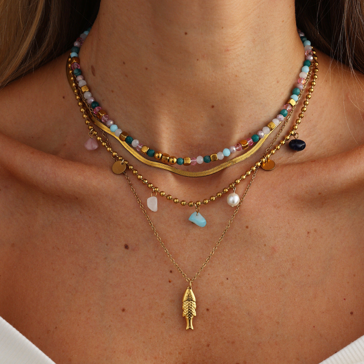 Sweet Colorful Crystal Bead Snake Chain Necklace with Stainless Steel Fish Pendant for Women