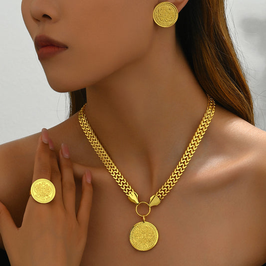 Conjunto de collar, pendientes y anillo de aleación chapada en oro de 18 quilates con colgante redondo de Árbol de la Vida de Lujo Ligero para mujer