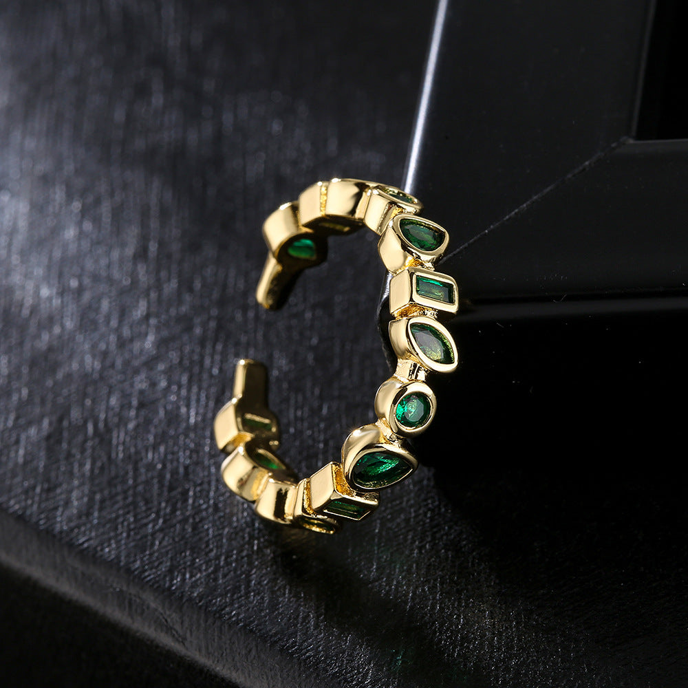 Minimalist Irregular Geometric Open Ring for Women in Copper with 18K Gold Plating and Zircon Inlay