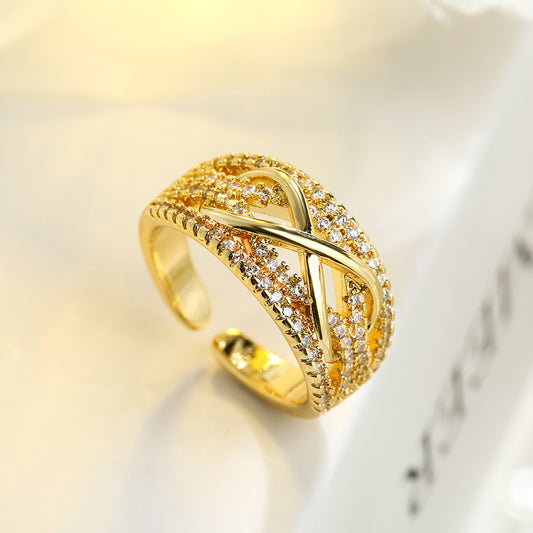Minimalist Geometric Open Ring for Women Made of Brass with Real Gold Plating and Zircon Inlay