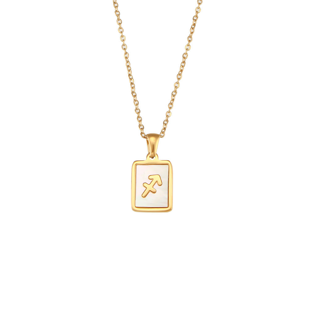 Collana con ciondolo segno zodiacale alla moda da donna con catena in acciaio inossidabile e intarsio in conchiglia naturale a forma di quadrato geometrico
