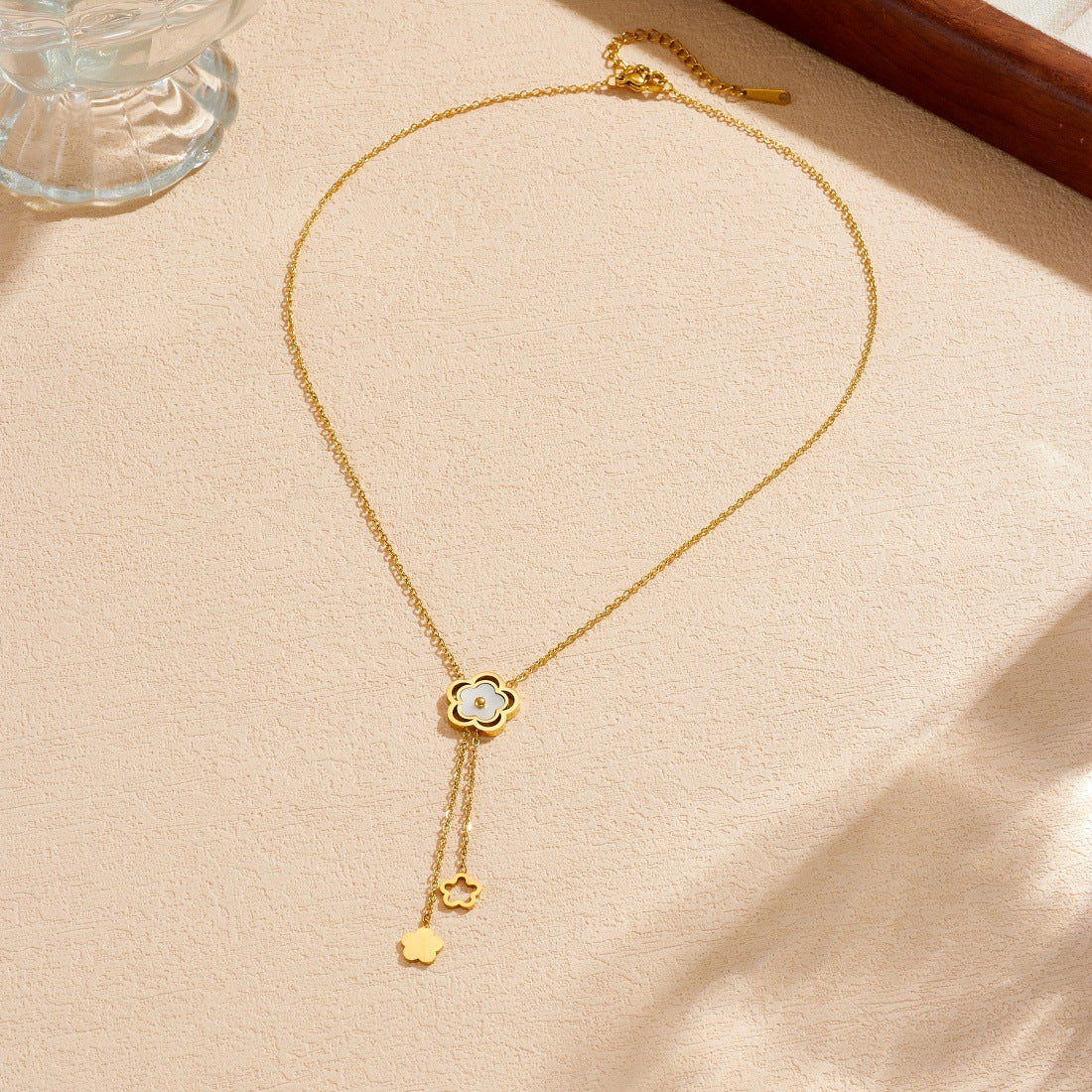 Minimalist Gold Plated Stainless Steel Floral Hollow Tassel Pendant Necklace