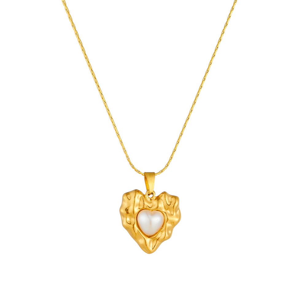 Vintage Business Irregular Heart Teardrop Plated Stainless Steel Pearl Pendant Necklace for Women