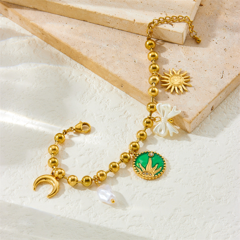 Elegant Gold Plated Drip Oil Round Sun Moon Bow Pearl Pendant Stainless Steel Bracelet for Women