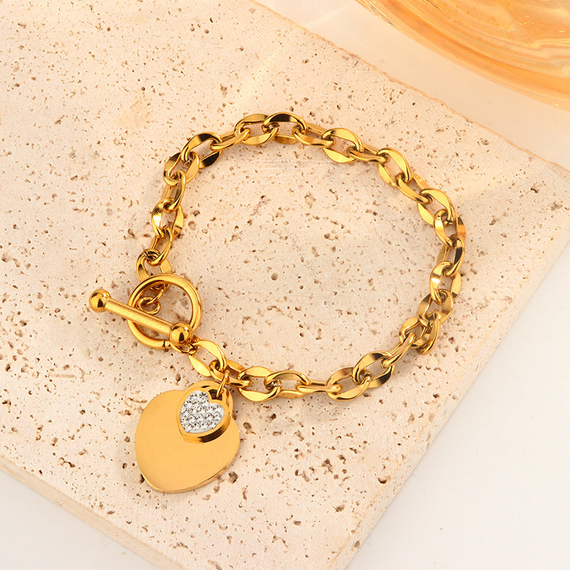 Elegant Titanium Steel Heart Bracelet with Cubic Zirconia and OT Clasp for Women