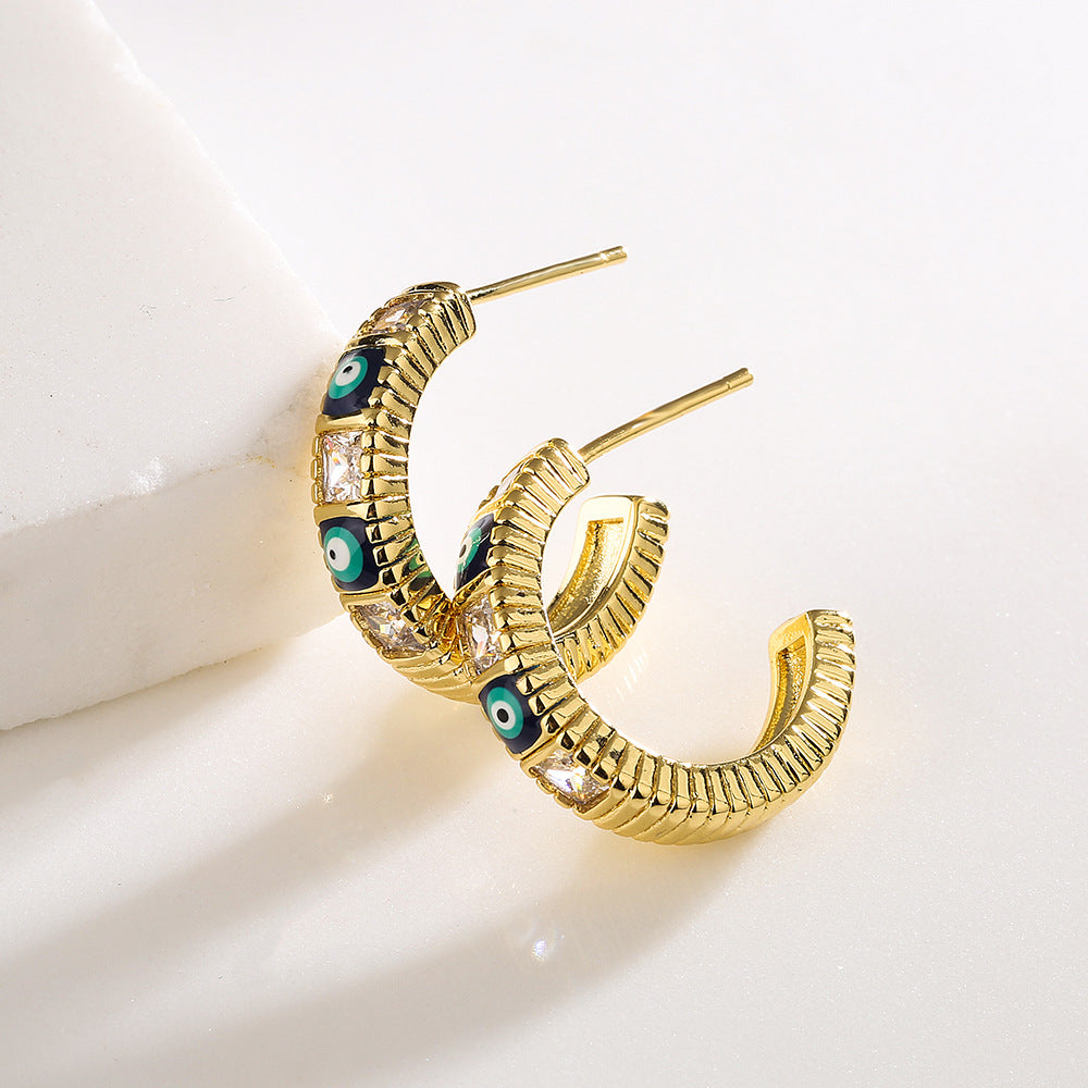 Vintage Geometric Eye-Shaped Copper Earrings with Gold Plating and Enamel Detail for Women