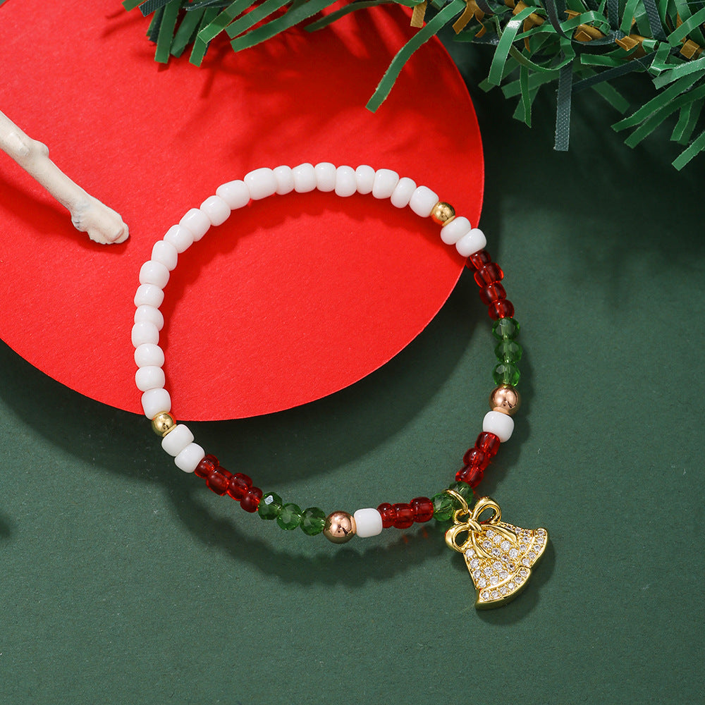 Handmade Geometric Christmas Tree Bell Pendant Brass Cubic Zirconia Seed Bead Elastic Bracelet