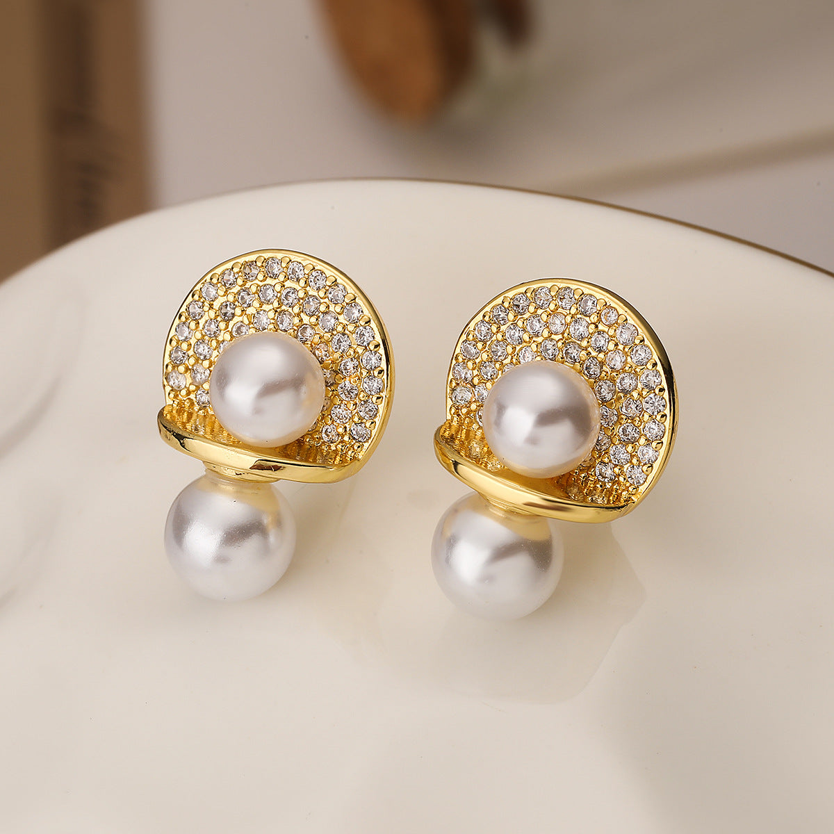 Minimalist Geometric Zircon and Pearl Stud Earrings for Women with Gold-Plated Copper Base and Irregular Design