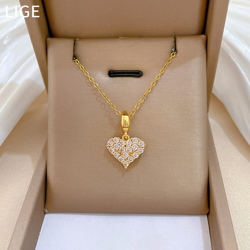 Sweet Heart Rhinestone Titanium Steel Necklace Unisex Cable Chain