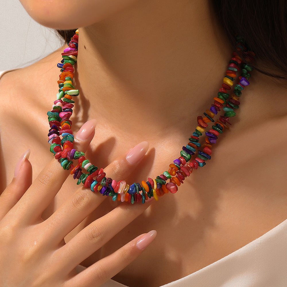 Bohemian Geometric Natural Crystal Chip Necklace Plated Stainless Steel Cable Chain for Women