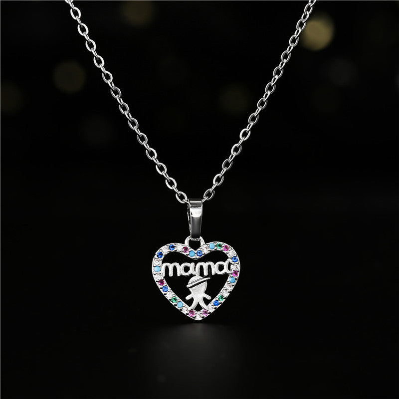 Heart Letter MAMA Pendant Necklace Brass Micro-Inlaid Cubic Zirconia Cable Chain