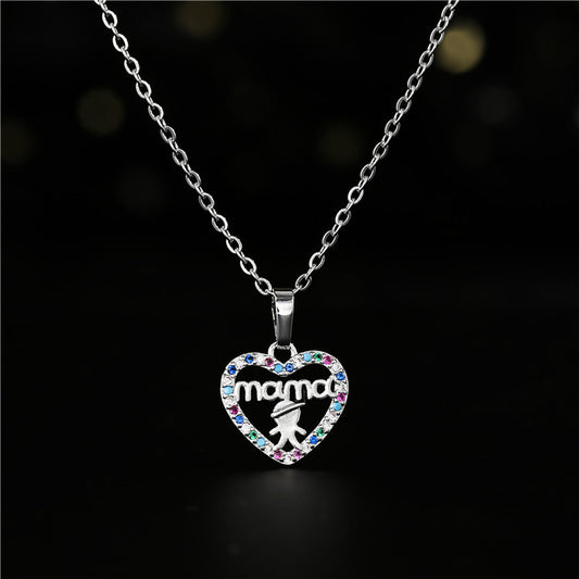 Heart Letter MAMA Pendant Necklace Brass Micro-Inlaid Cubic Zirconia Cable Chain