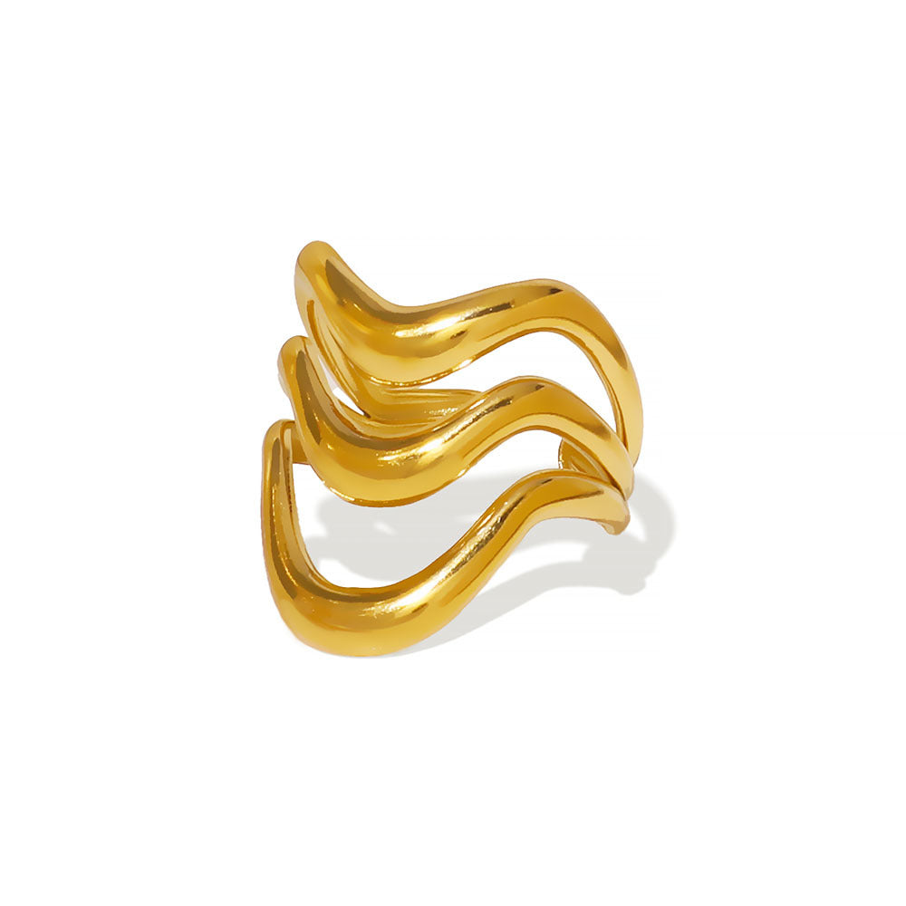 Geometric Wave Stainless Steel Ring with 18K Gold Plating and Polished Finish for Unisex Wear