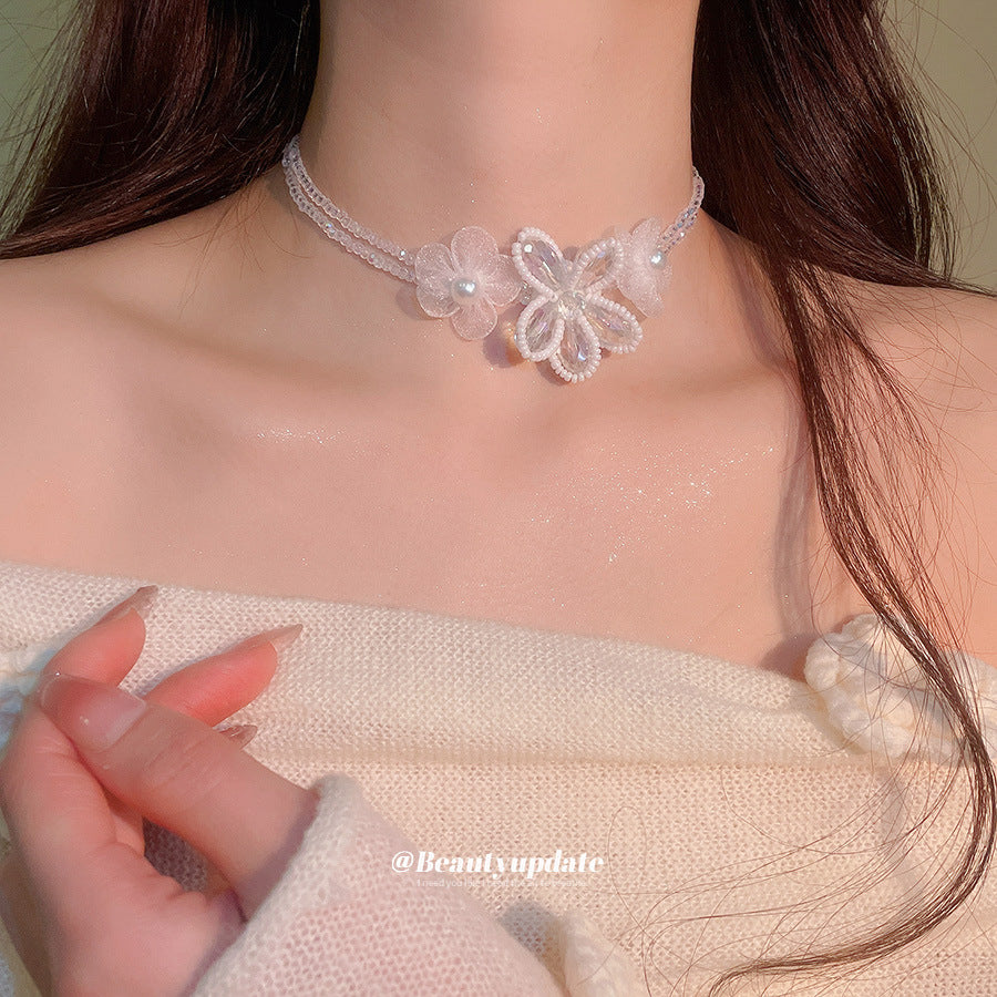 Elegante Collana Floreale da Donna in Acciaio Inossidabile con Perline di Cristallo e Finitura Placcata, Delicata Catena alla Clavicola