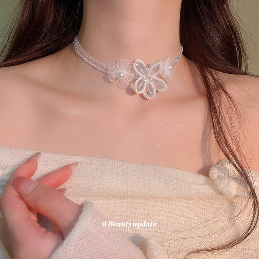 Elegant Floral Stainless Steel Crystal Beaded Necklace for Women with Plated Finish, Delicate Clavicle Chain