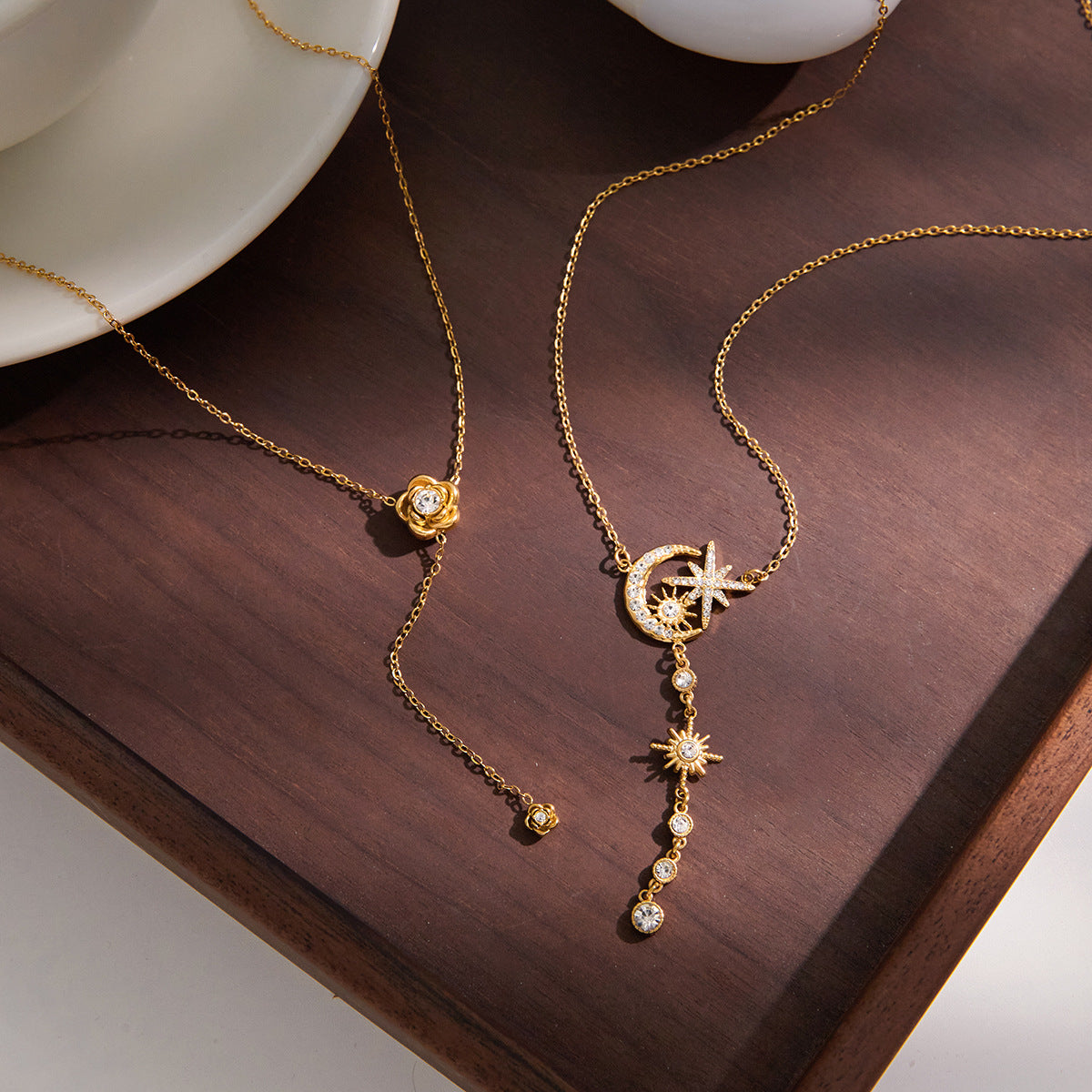 18K Gold Plated Stainless Steel Geometric Rose Y-Chain Necklace for Women