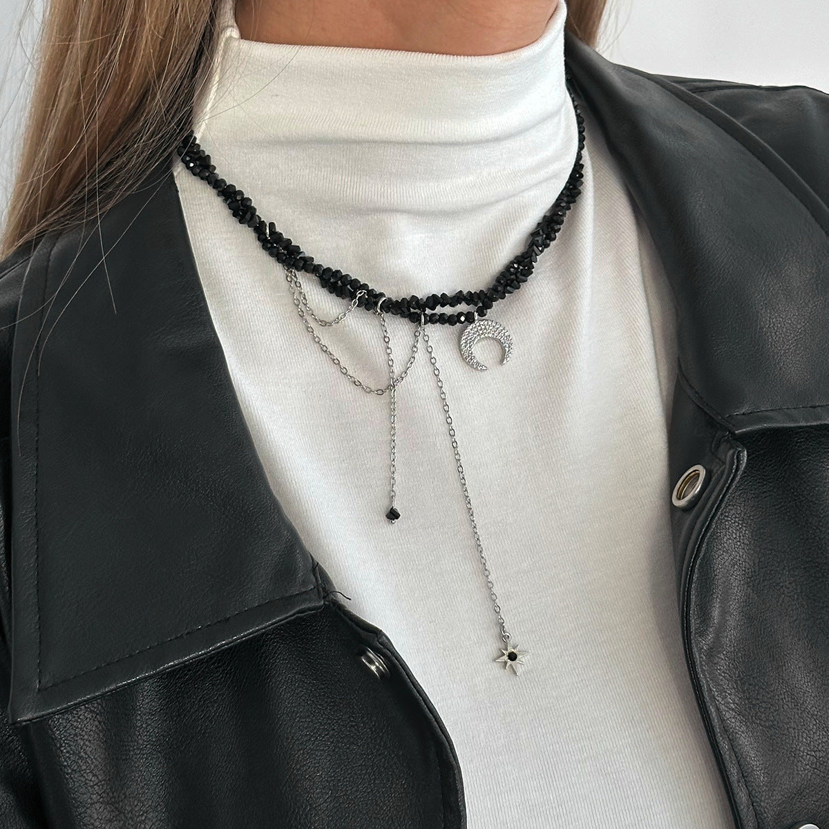 Punk Hip-hop Moon Pendant Alloy Necklace with Crystal Beads Plated Chain for Women