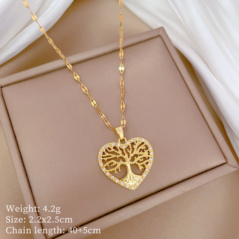 Collar de cadena de lujo de acero de titanio con forma de corazón y árbol de la vida con diamantes de imitación